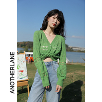 Again Alley knitted cardigan 2022 spring new design sensation v collar hollowed-out green Dont make blouses