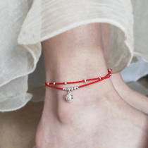 Sterling silver beaded bell anklet Womens double layer braided red rope Simple student foot rope foot chain Niche design ins