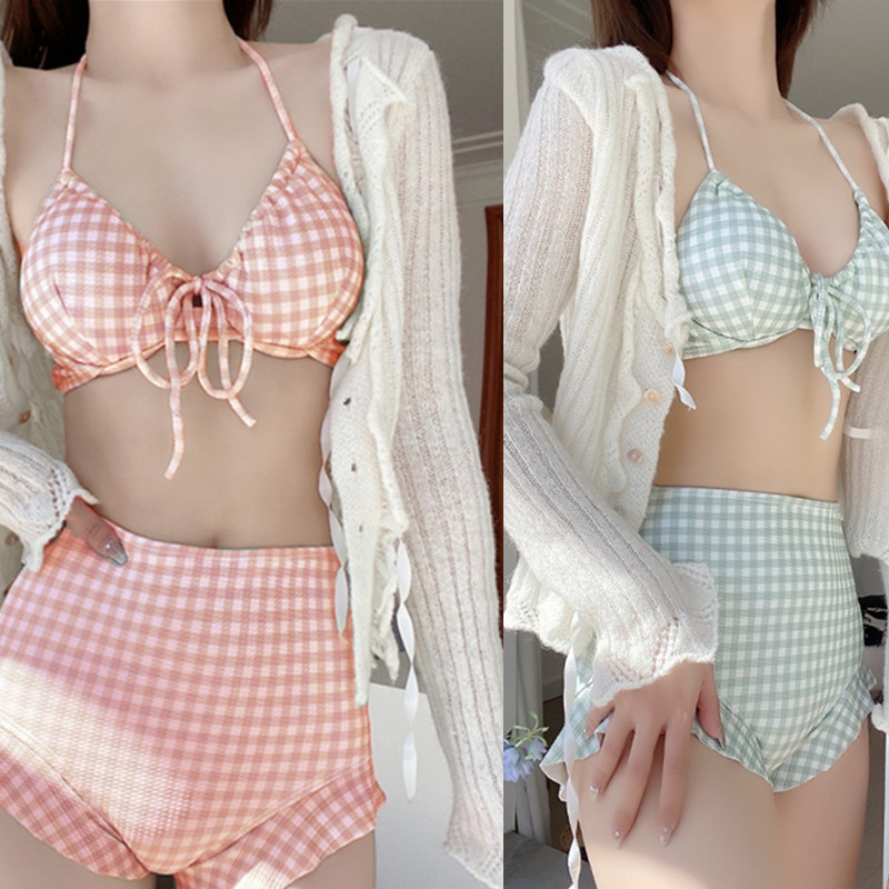 Girls' Swimsuit Women's Summer Split Two Piece Set Small Fresh Plaid Bikini BIKINI Sexy French Hot Spring Swimsuit