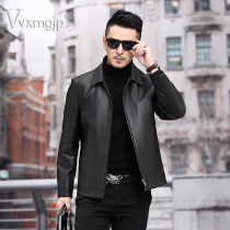 Haining leather leather clothing mens first layer cowhide jacket slim down jacket short lapel mens leather jacket autumn and winter
