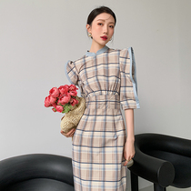 Cheongsam modified version of small dress can be worn daily French retro check waist thin Platycodon grandiflorum dress long