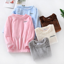 Autumn and winter coral fleece thickened one-piece womens pajama tops solid color pullovers long sleeves flannel warm home jackets