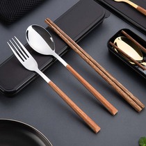 Portable tableware wooden chopsticks spoon package 304 stainless steel student tableware three pieces of fork chopsticks collected box bag