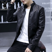 Playboy stand-up collar leather mens autumn casual jacket trend black top clothes handsome motorcycle jacket men