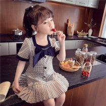 Girls foreign style retro pleated skirt 2021 summer new Korean childrens college style check bow dress