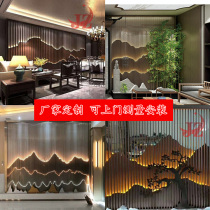 Customized new Chinese stainless steel background wall screen hotel clubhouse lobby black titanium luminous art landscape partition
