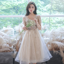 Champagne evening dress Womens high-end banquet temperament high-end sense of light luxury niche fairy bridesmaid dress host dress