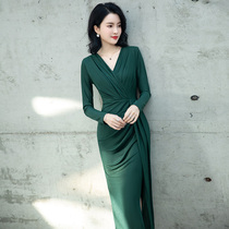 High-end Banquet Evening Dress Dress Woman 2021 new exploits light extravagant and noble ink green Long sleeves High sense summer