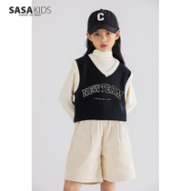 SASAKIDS custom AUTUMN CLOTHES GIRLS LETTER LOOSE V-neck VEST CHILDRENs COLLEGE fashion JACQUARD pullover SWEATER
