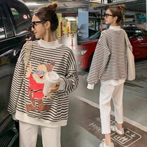 Pregnant women spring and autumn set autumn striped clothes large size tide mother does not show Leisure sweatpants two-piece autumn