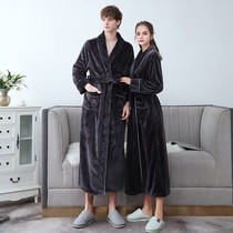 Couple nightgown female autumn and winter flannel medium length plus velvet padded warm coral velvet pajamas mens large size bathrobe