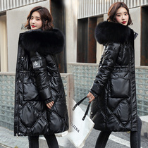  Glossy fashion down cotton clothes womens 2021 new winter clothes waist thin mid-length thickened quilted jacket fur collar jacket