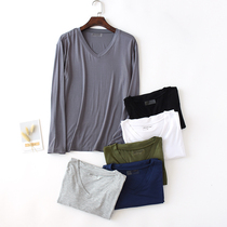 Modal mens V-neck long sleeve T-shirt spring and autumn loose underwear base shirt stretch fattening size comfortable autumn clothes