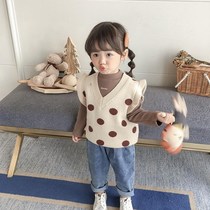 Female children Spring and Autumn Sweater Vest vest new childrens clothing foreign style V Neck Wave point knitted wool coat tide