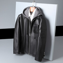 2021 autumn new detachable hooded sheepskin Haining leather mens belt hat short casual leather jacket jacket