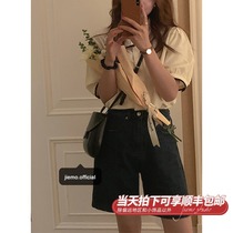  Mustard homemade blue denim shorts womens summer thin retro high waist all-match straight loose five-point pants medium pants