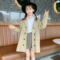 Korean childrens clothing 2021 autumn girls Korean version of foreign style double-breasted windbreaker solid color medium child long coat casual