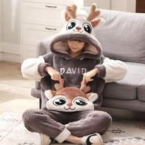 Coral velvet pajamas womens autumn and winter thick flannel plus fat size fat mm200 kg cute home clothing set