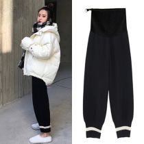 Pregnant womens pants worn outside in autumn and winter trendy mother plus velvet and thick fur belly support wide-legged harem pants loose-legged trousers