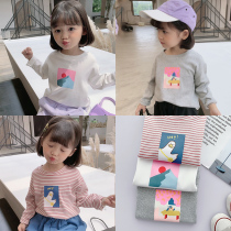  Small childrens clothing cartoon top Girls long-sleeved bottoming shirt Childrens striped t-shirt baby Korean 2021 autumn new