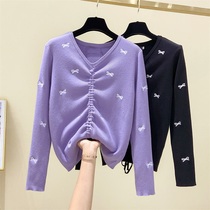 Big code woman dress 2022 Fat younger sister Spring new long sleeve butterfly knot slim knit cardiovert drawing rope t-shirt blouse