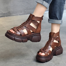 Roman sandals women 2022 Summer thin leather 100 Knitted Fish Mouth Casual High Bunch of Pine Cakes Thick Base Cool Boots