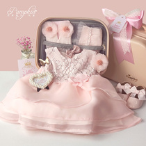 Baby high-end gift box new baby princess dress skirt 100 days birthday party lace pink dress set spring and summer