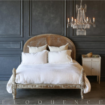 Nordic solid wood carved rattan bed American antique old double bed French rattan art creative retro personality wedding bed