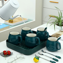 Simple ceramic cup water tool set household Mark Cup Living room teacup pure color high color with plastic leakage tray
