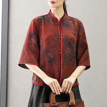 Cracked pattern Xiangyun yarn silk top womens 2021 spring and summer new mulberry silk inkjet stand-up collar retro Chinese Tang suit