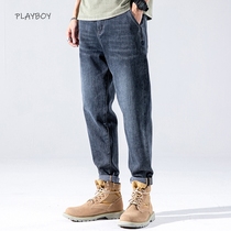 Flowers Playboy Soft glutinous cotton slings jeans Mens summer slim fit Body Casual Long Pants Tide Cards Loose straight cylinder pants