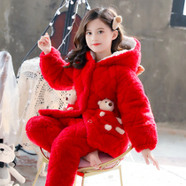 Girls pajamas Winter thickened cotton children children warm festive red flannel home wear