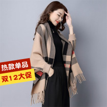 Autumn and winter shawl womens thick warm scarf dual-use cloak fringe cloak with sleeves double-sided wool outside