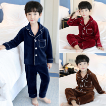Childrens pajamas coral velvet autumn and winter plus velvet thickened boy home clothes middle and Big Boy flannel suit