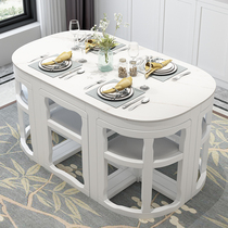  Small apartment space-saving dining table Solid wood marble rock board dining table Net red invisible table six chairs oval table