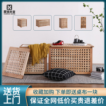 Nordic solid wood grid box Covered storage box finishing can sit storage box Laundry basket Bedside table Bed and breakfast coffee table