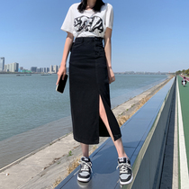 Small sub medium long black denim half body dress woman design sensation small crowd high waist display slim open fork a word skirt tide
