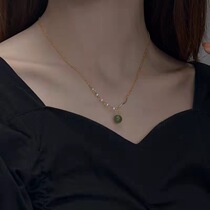 Qinglu Evening Star original light luxury handmade natural Hetian jade necklace female 14k gold temperament pearl collarbone chain
