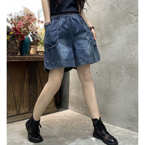 2021 summer new denim shorts womens retro casual fashion leg expansion shorts elastic waist loose all-match hot pants
