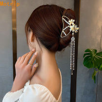 Metal flower tassel Pearl hairclip back of the head large grab clip Korean elegant temperament shark clip Net red wild