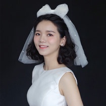 New playful cute girl bow Pearl comb small gauze travel headgear Bride wedding white veil