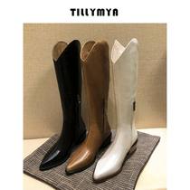 V-mouth pointed Western cowboy boots Female high-barrel boots female high-knee thin thick-heeled leather long-barrel knight boots