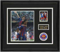 Collection of Messi autographed photo framed with SA Certificate Barcelona and Ronaldo celebrate