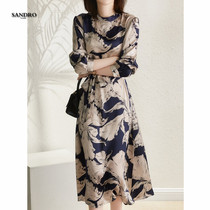 Japanese light luxury mulberry silk exotic ink printing dress Satin silk long-sleeved belt thin temperament long skirt