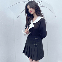 White deer star same autumn and winter black doll collar lace shirt Academy wind fine pleated stitching loose shirt
