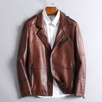 New leather leather clothing mens short slim locomotive clothing Haining sheep jacket handsome trend thin coat