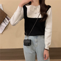 Contrast color splicing fake two-piece long-sleeved sweater womens autumn 2021 New Korean slim doll collar inner top