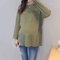 Pregnancy Woman Dress Spring New Korean Version Striped Loose Pregnant Woman Blouse Pregnant Woman Splicing Long-sleeved T-shirt Spring Fall And Undershirt