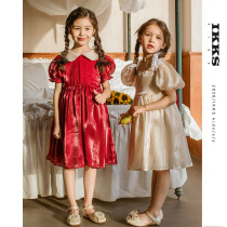 IKKSkids Girls Summer Dress French short-sleeved princess dress Net red childrens wine red satin dress