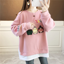 Fat MM Loose Large Code Gestation Woman Dress Spring Autumn Winter Korean Version Embroidered two vegling women mid-length blouses cover